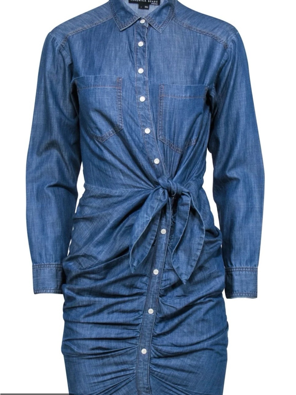 Veronica Beard Blue Denim Tie-Waist Long-Sleeve Shirt Dress